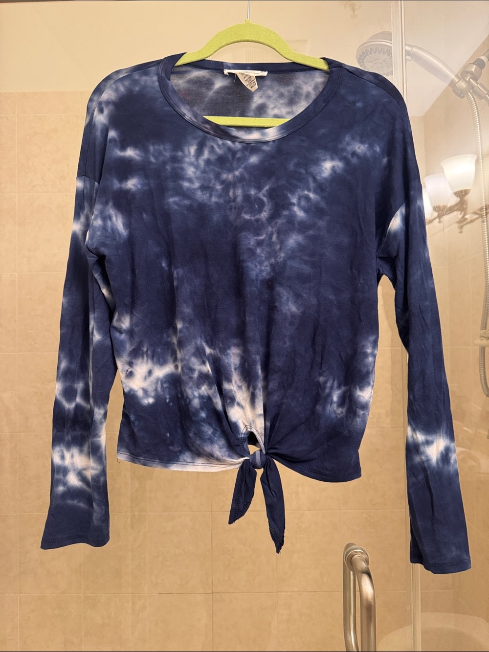 Women's Navy Tie-Front Long Sleeve Tie-Dye Top